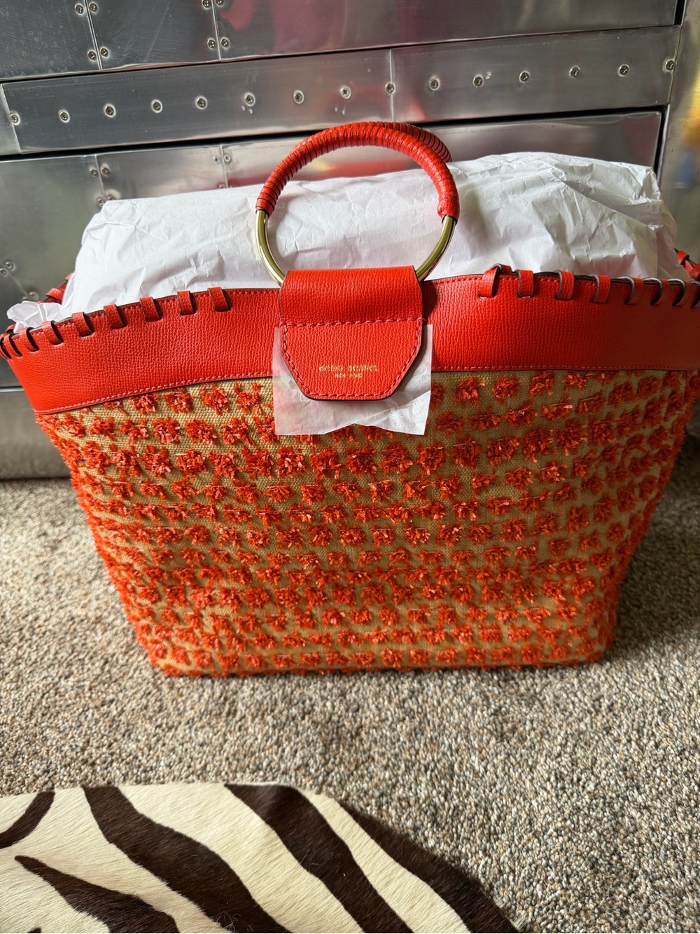 Henri Bendel Raffia Pom Pom Ring Handle Bag